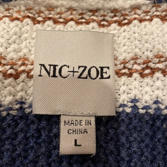 Nic + Zoe open front cardigan. Size L. Blue,white SW pattern. Fringe. 3/4 sleeve - Picture 11 of 13